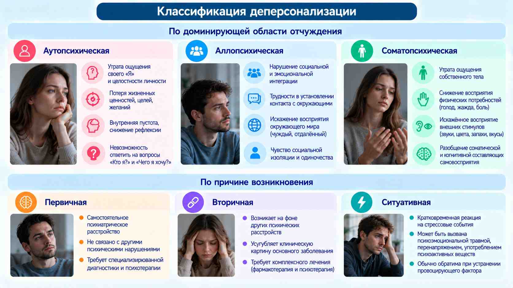 Классификация деперсонализации: аутопсихическая, аллопсихическая, соматопсихическая, первичная, вторичная и ситуативная формы.